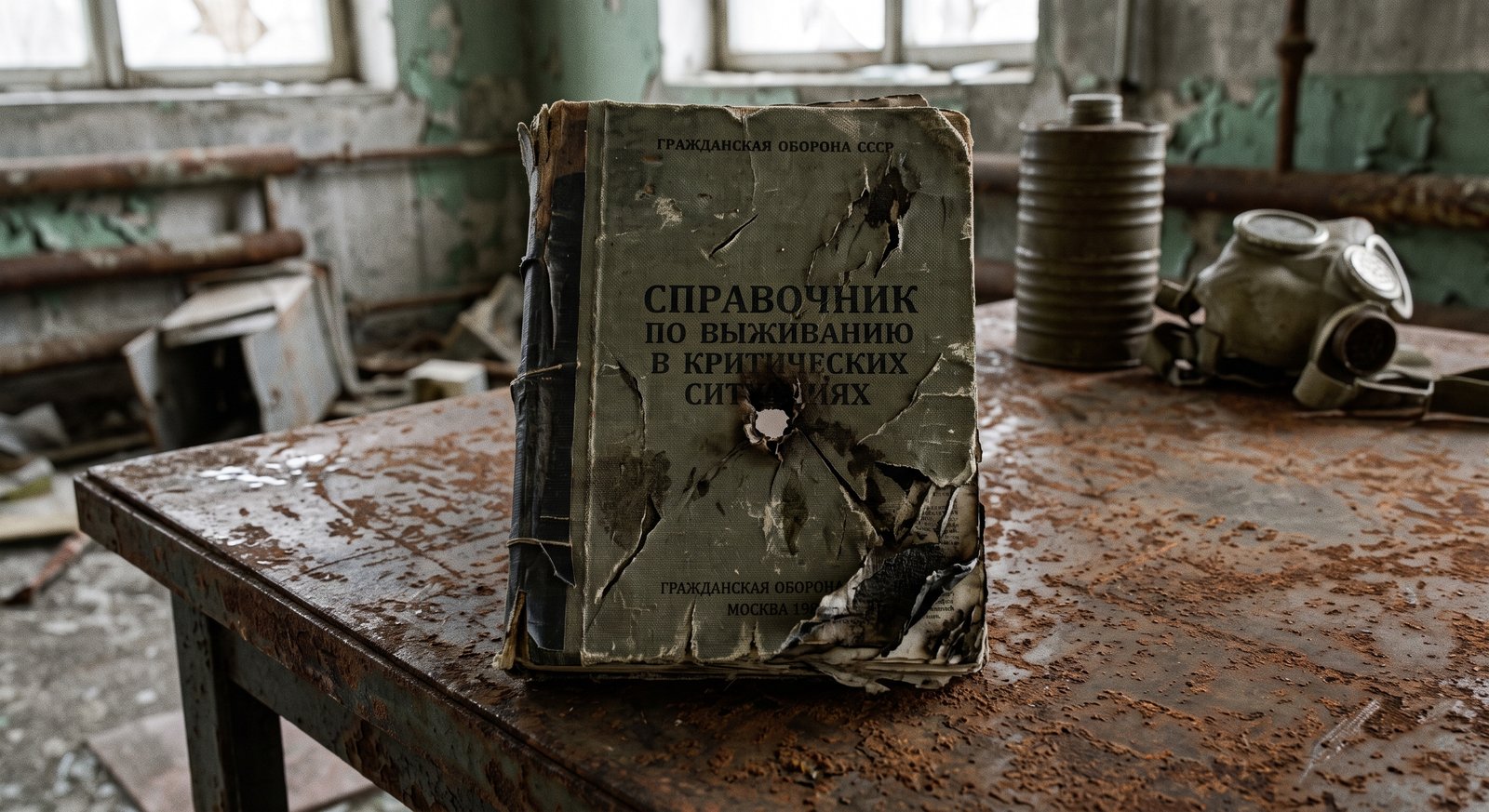 Worn survival guide book in an abandoned room